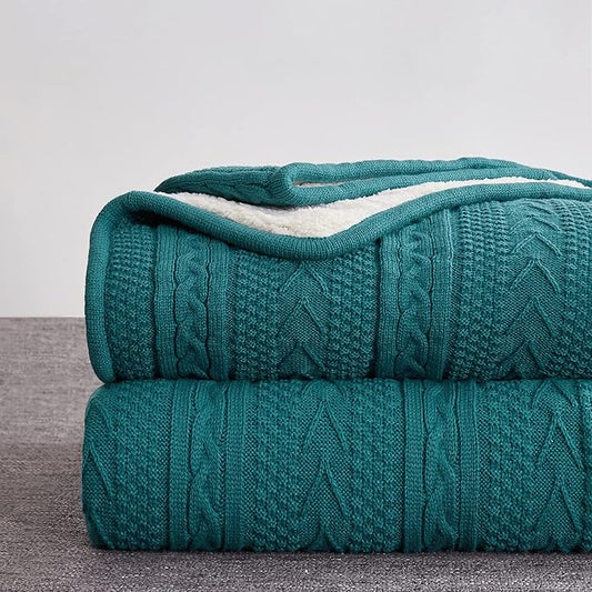 Longhui bedding Lake Blue Acrylic Cable Knit Sherpa Throw Blanket - Thick, Soft, Big, Cozy Lake Blue Knitted Fleece Blankets for Couch, Sofa, Bed - 50 x 63 Inches