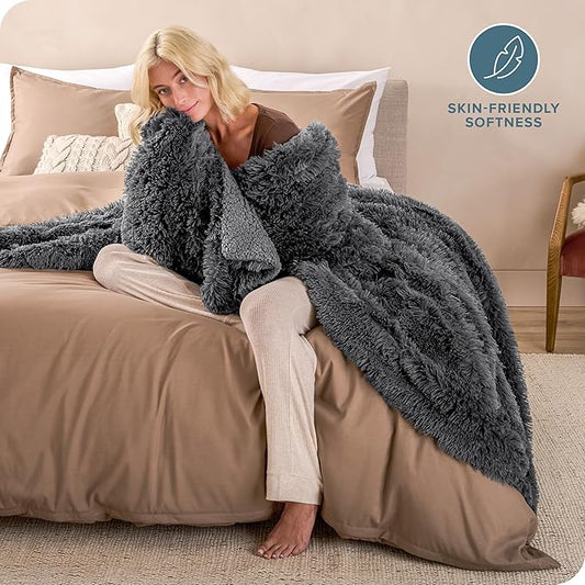 Bare Home Shaggy Faux Fur Sherpa Blanket - Super Soft, Fuzzy, Fluffy - Reversible Cozy Warm Blanket for Couch, Sofa, Chair, Bed - Luxury Home Decor (Full/Queen, Grey)