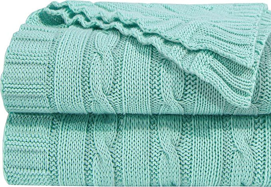 NTBAY 100% Pure Cotton Oversize (60x80) Cable Knit Throw Blanket, Super Soft Warm Knitted Throw Blanket for Bed, Sofa, Chair, Couch - Extra Cozy, Machine Washable, Comfortable Home Decor, Mint