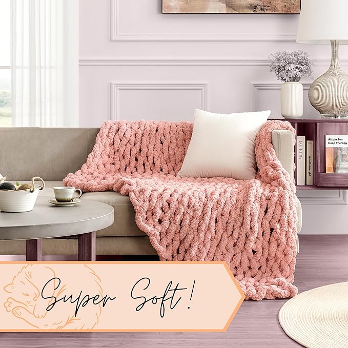 Adyrescia Chunky Knit Blanket Throw | 100% Hand Knit with Jumbo Chenille Yarn (50"x60", Seashell Pink)