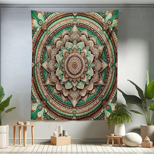 Ambesonne Green Tapestry Twin Size, Psychedelic Style Symmetrical Ethnic Design Bicolor Folk Mandala Illustration, Wall Hanging Bedspread Bed Cover Wall Decor, 68" X 88", Chestnut Brown
