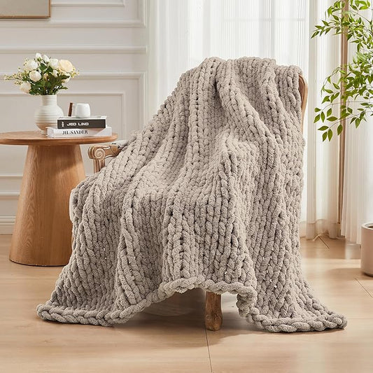 Carriediosa Chunky Knit Throw Blanket 60" X 80" Twin, 100% Hand Made Large Chenille Loop Yarn Soft Fluffy Throws for Couch Sofa Bed, Big Crochet Cozy Heavy Thick Cable Woven Blankets, Taupe