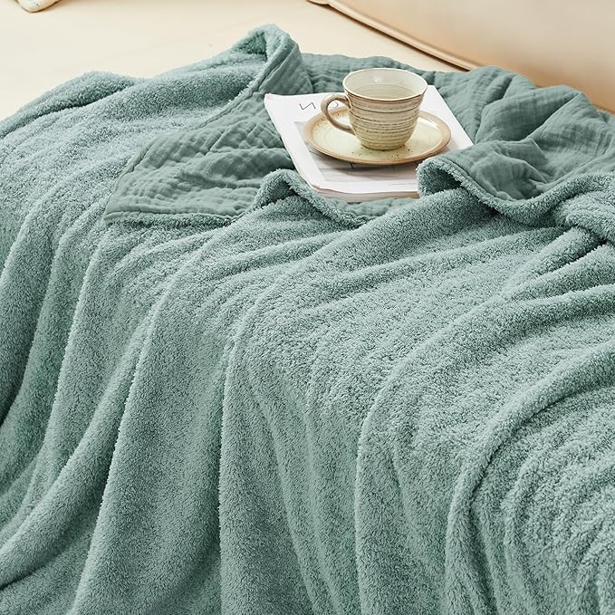 EMME Muslin Cotton Fleece Twin Blanket Reversible - 60"*80" Teal Soft Warm Throw Blankets for Couch Bed Picnic Travel Bed