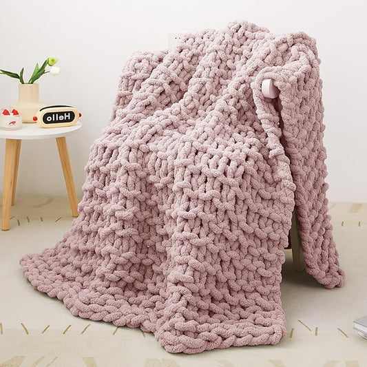 Knit Blanket 50"x60" Pink Cream Soft Washable Chenille Throw Blanket Cozy 100% Handmade Crochet Blankets with Jumbo Chenille Yarn for Couch Bed Sofa Room Decor