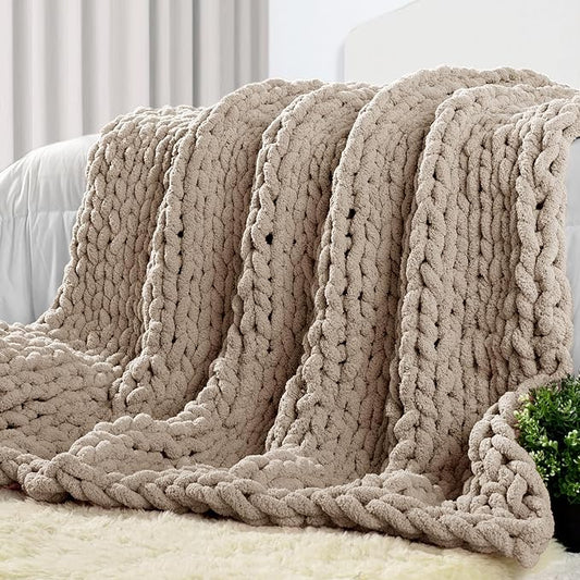 Carriediosa Chunky Knit Throw Blanket 60" X 80" Twin, 100% Hand Made Large Chenille Loop Yarn Soft Fluffy Throws for Couch Sofa Bed, Big Crochet Cozy Heavy Thick Cable Woven Blankets, Taupe
