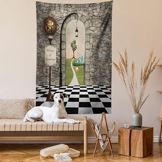 Ambesonne Alice in Wonderland Tapestry Queen Size, Welcome Wonderland Black and White Floor Landscape Mushroom Lantern, Wall Hanging Bedspread Bed Cover Wall Decor, Queen Size, Stone Black