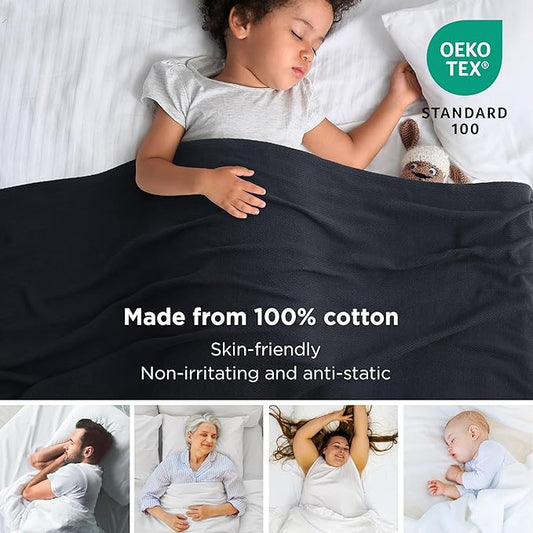 Bedsure 100% Cotton Blanket Twin XL Size for Bed - Breathable and Lightweight, Soft Cozy Textured Herringbone Woven Blanket for Summer Spring, Black, 66x90 inches
