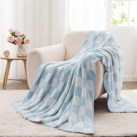 JOOJA Soft Cozy Checkerboard Blue Blanket - Fluffy Knit Throw for Couch - Plaid Checkered - 50x60 in
