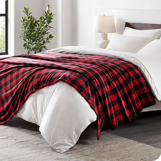 Bare Home Fleece Microplush Blanket - Extra Long - Lightweight Throw for Bed, Sofa, Couch, Movie Night, Camping, and Travel - Ultra Soft Warm Blanket (Twin/Twin XL, Chester Buffalo Plaid - Red/Black)