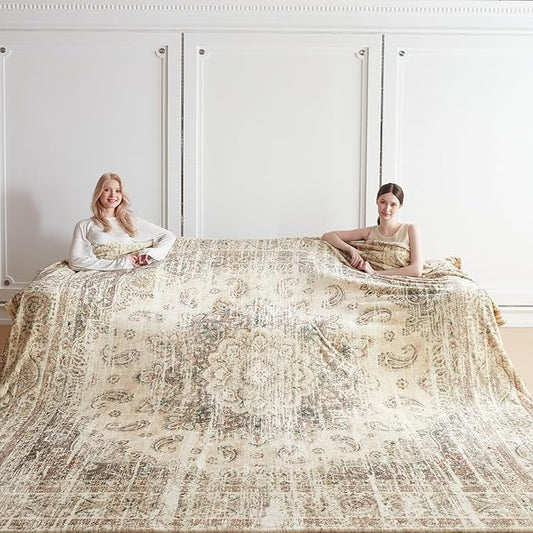 Oversized Vintage Pattern Blanket 120x120 Inches, Giant 10'x10' for Bed, Travel, and Camping, Extra Large Soft Blanket for The Whole Family and Outdoor,Beige