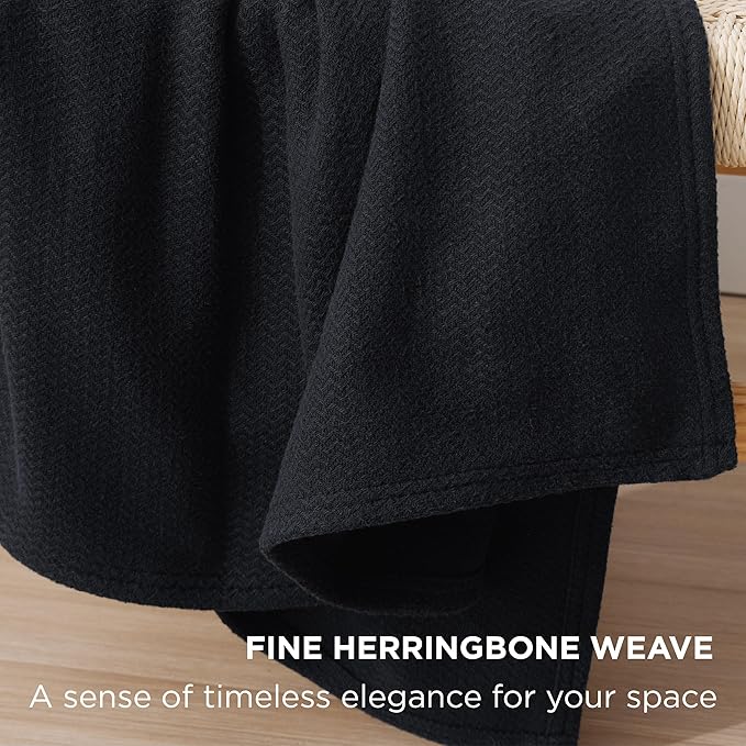 Bedsure 100% Cotton Blanket Twin XL Size for Bed - Breathable and Lightweight, Soft Cozy Textured Herringbone Woven Blanket for Summer Spring, Black, 66x90 inches