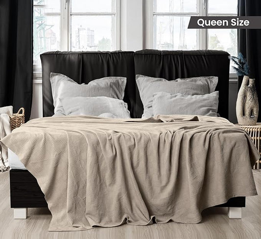 Utopia Bedding Khaki 100% Cotton Blanket [Queen Size - 90x90 Inch] 350GSM Lightweight, Soft and Breathable Thermal Blanket for All Seasons