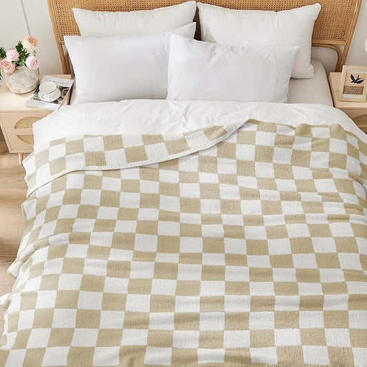 JOOJA Soft Cozy Checkerboard Beige Bed Blanket Fluffy Knit Throw Blanket Queen Size Plaid Checkered 90x90 in