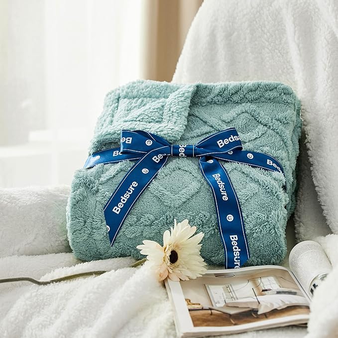 Bedsure Sherpa Fleece Blanket Twin Size for Bed - Fuzzy Soft Cozy Cable Throw for Couch, Thick Warm Blankets for Winter, Sage Green, 60x80 Inches