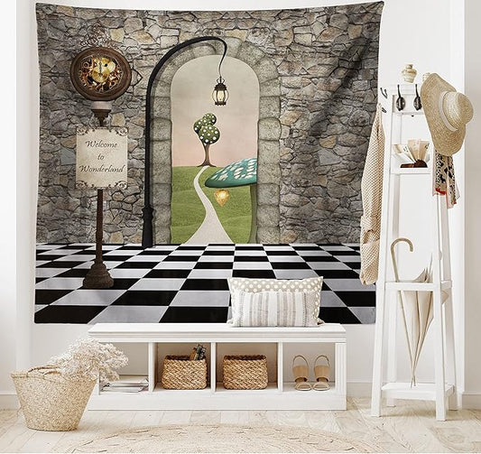 Ambesonne Alice in Wonderland Tapestry King Size, Welcome Wonderland Black and White Floor Landscape Mushroom Lantern, Wall Hanging Bedspread Bed Cover Wall Decor, King Size, Stone Black