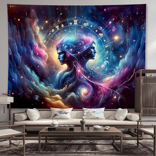 Gemini Tapestry Wall Hanging Zodiac Sign Decoration Aesthetic for Bedroom Living Room Dormitory Suitable for Teen Boy and Girl Who Like Astrology 79x59 Inches