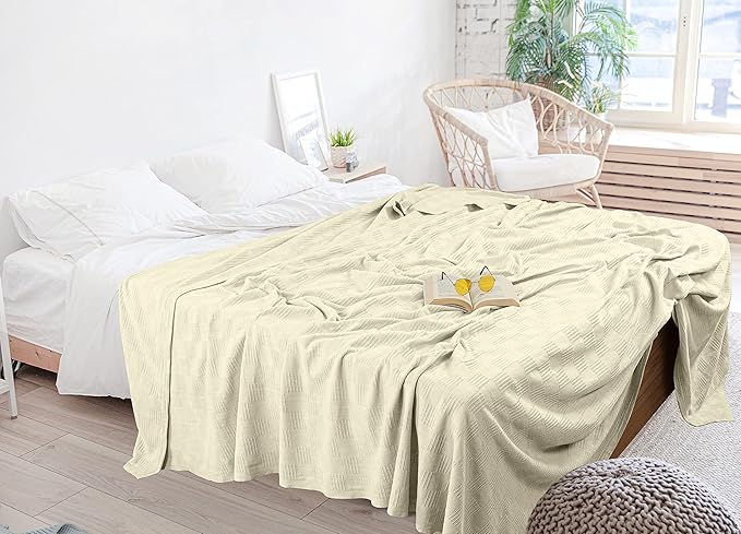 Utopia Bedding Ivory 100% Cotton Blanket [Twin Size - 90x72 Inch] 350GSM Lightweight, Soft and Breathable Thermal Blanket for All Seasons