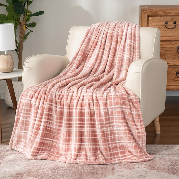 Berkshire Blanket-Classic Heavyweight Soft Printed VelvetLoft® Plush Throw Blanket, Cozy and Fuzzy, Watercolor Plaid Blush, 50in x 70in