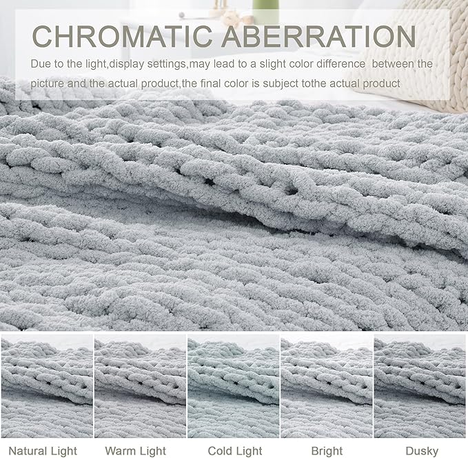 Chunky Knit Throw Blanket 60"X 80", 100% Handmade with Soft Chenille Yarn, 4.4lbs Thick Cable Knitted Blankets, Large Rope Knot Crochet Throws for Couch Sofa Bed Home Decor, Light Grey