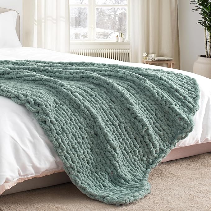 Chunky Knit Throw Blanket 60"X 80", 100% Handmade with Soft Chenille Yarn, 6.7lbs Thick Cable Knitted Blankets, Large Rope Knot Crochet Throws for Couch Sofa Bed Home Decor, Sage Green