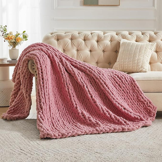 Carriediosa Chunky Knit Throw Blanket 50" X 60", 100% Hand Made Large Chenille Loop Yarn Soft Fluffy Throws for Couch Sofa Bed, Big Crochet Cozy Heavy Thick Cable Woven Blanket, Mauve
