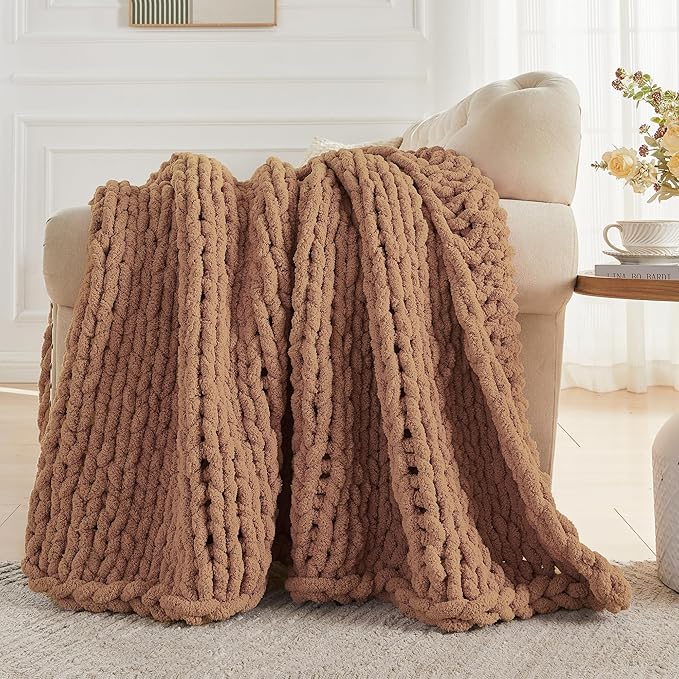 Carriediosa Chunky Knit Throw Blanket 60" X 80" Twin, 100% Hand Made Large Chenille Loop Yarn Soft Fluffy Throws for Couch Sofa Bed, Big Crochet Cozy Heavy Thick Cable Woven Blanket, Light Brown