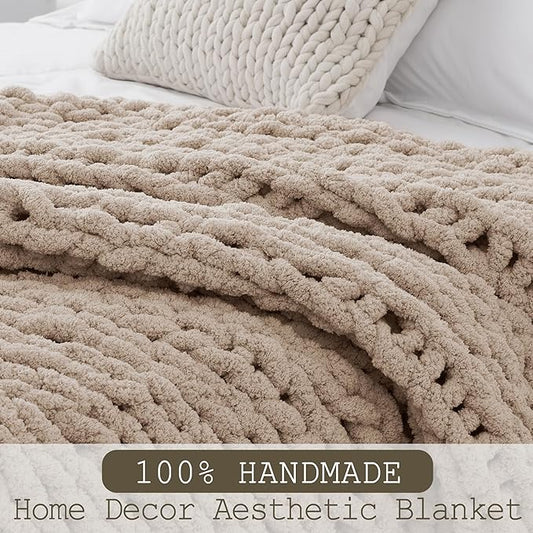 Chunky Knit Throw Blanket 50"X 60", 100% Handmade with Soft Chenille Yarn, 4.4lbs Thick Cable Knitted Blankets, Large Rope Knot Crochet Throws for Couch Sofa Bed Home Decor, Taupe