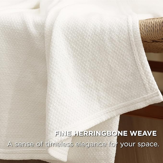 Bedsure 100% Cotton Large Throw Blanket for Couch 50x70 inches - Breathable and Lightweight, Soft Cozy Herringbone Woven Blanket for Summer Spring, Ivory