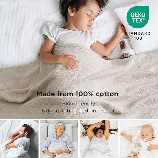 Bedsure 100% Cotton Blanket King Size for Bed - Breathable and Lightweight, Soft Cozy Textured Herringbone Woven Blanket for Summer Spring, Linen Beige, 108x90 inches