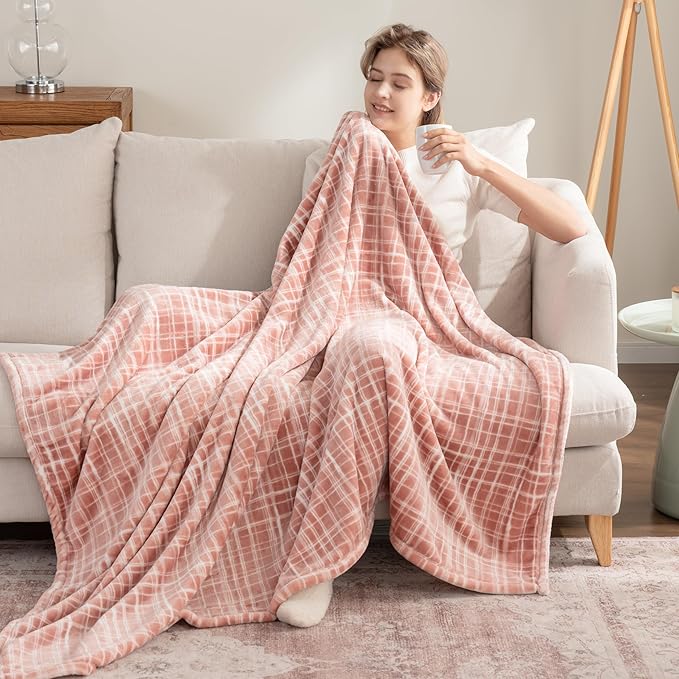Berkshire Blanket-Classic Heavyweight Soft Printed VelvetLoft® Plush Throw Blanket, Cozy and Fuzzy, Watercolor Plaid Blush, 50in x 70in