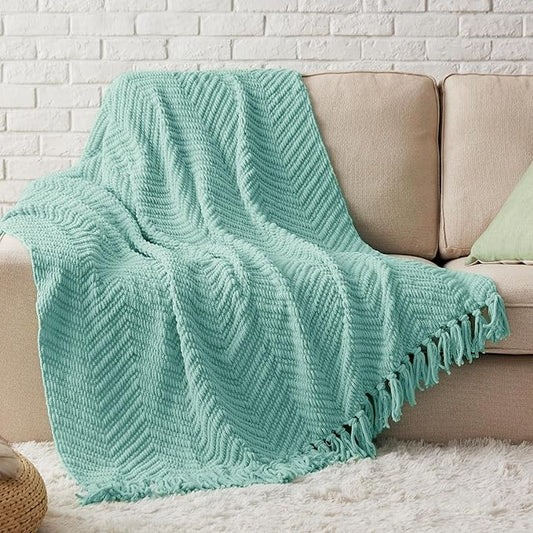 Bedsure Throw Blankets for Couch - Textured Chunky Knit Woven Chenille Blanket - Super Soft, Warm Decorative Boho Throw with Tassels for Bed, Sofa and Living Room Decor, Sky Teal, 50x60 Inches