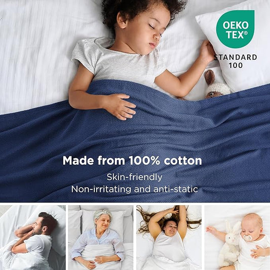 Bedsure 100% Cotton Blanket King Size for Bed - Breathable and Lightweight, Soft Cozy Textured Herringbone Woven Blanket for Summer Spring, Navy Blue, 108x90 inches