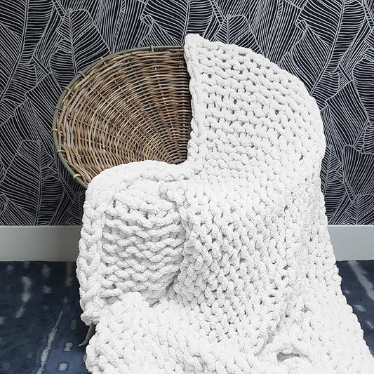 Adyrescia Chunky Knit Blanket Throw | 100% Hand Knit with Jumbo Chenille Yarn (50"x60", Bright White)