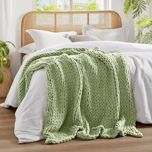 Madison Park Boho Throw Blanket, Soft Blanket Handmade Gift Home Decor, Lightweight & Breathable All Seasons Spring Chunky Knit Blanket, Knitted Throw for Couch, Bed Blanket, 50"x60"Sage Green
