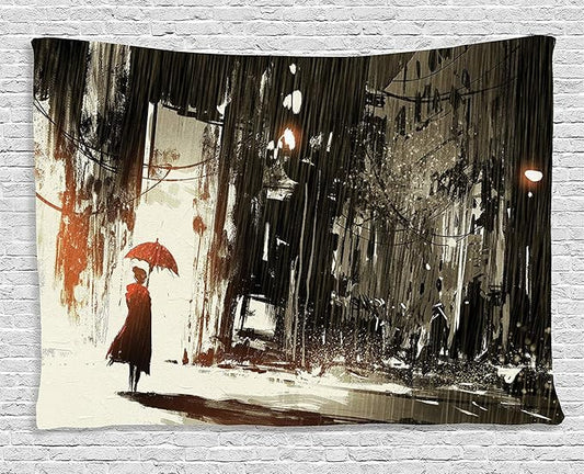Ambesonne Fantasy Tapestry, Woman with Umbrella in Rain Old Town Ruins Apocalypse Superhero Action Desgin, Wide Wall Hanging for Bedroom Living Room Dorm, 80" X 60", Army Green Beige