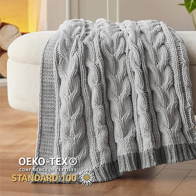 Bedsure Cable Knit Throw Blanket for Couch Bed - Chenille Chunky Knit Throw Blanket for Summer and All Seasons, Soft Cozy and Warm, Grey, 50x60 Inches
