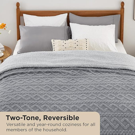 Bedsure Sherpa Queen Size Blanket for Bed - Fleece Soft Cozy Fuzzy Cable Blankets for Women, Thick Warm for Winter and All Seasons, Grey, 90x90 Inches
