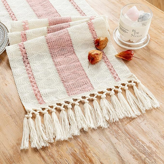 Fancy Homi Pink Table Runner 90 Inches Long Boho Macrame Table Runner for Home Decor, Farmhouse Table Runners with Tassels for Party Bohemian Rustic Bridal Shower Dining Decor 12x90 Inches