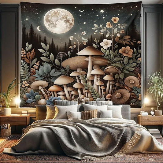 Ambesonne Aesthetic Tapestry King Size, Night Forest Scene with Boho Nature Mushroom Leaves Stars and Full Moon, Wall Hanging Bedspread Bed Cover Wall Decor, 104" X 88", Sepia and Grey Teal