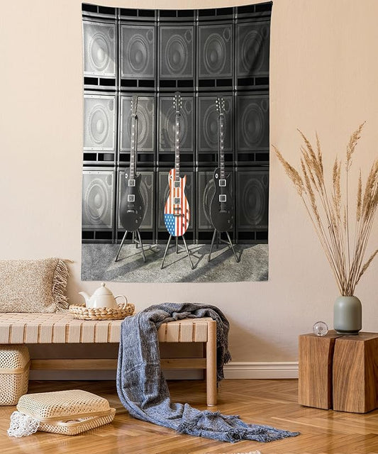 Ambesonne American Flag Tapestry, Black and Us Bass Guitar Electronic Rock Music Theme Digital Graphic Work, Wall Hanging for Bedroom Living Room Dorm Decor, 40" X 60", Charcoal Red