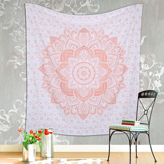 raajsee Glittering Rose Gold Pink Tapestry Wall Hanging Mandala-Bohemian Room Decor-Indian Cotton Throw Hippie Tapestries -Boho Bedding White Golden Queen Bedspread 82x92 inches