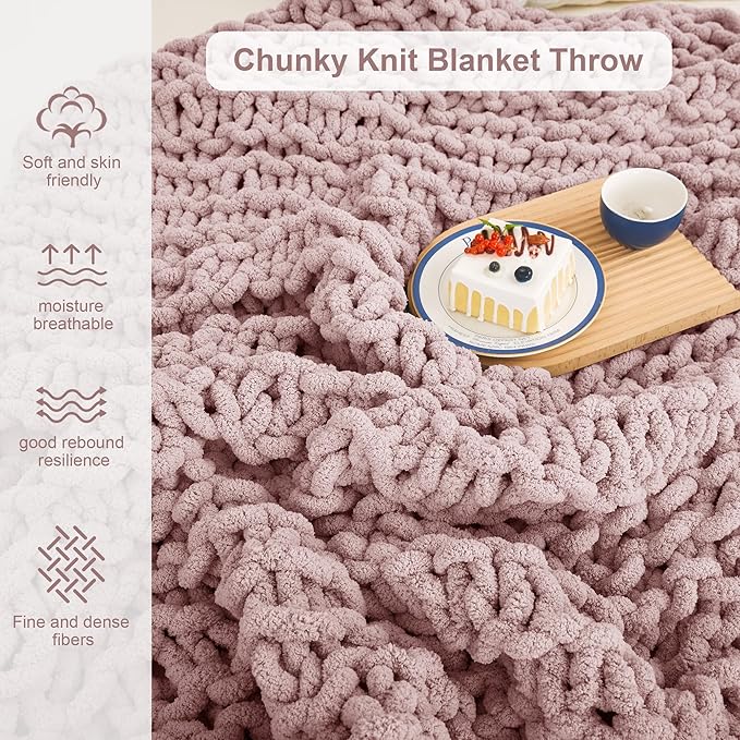 Knit Blanket 50"x60" Pink Cream Soft Washable Chenille Throw Blanket Cozy 100% Handmade Crochet Blankets with Jumbo Chenille Yarn for Couch Bed Sofa Room Decor