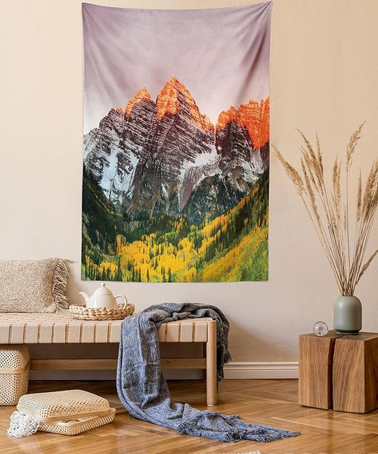 Ambesonne Mountain Tapestry Queen Size, Scenic Western American Mountains on Valley with Snowy Peaks at Sunset Landscape, Wall Hanging Bedspread Bed Cover Wall Decor, 88" X 88", Mauve Brown