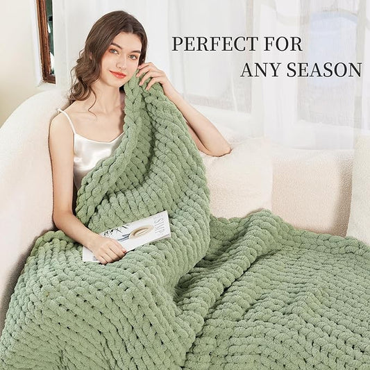 Admitrack Chunky Knit Blanket Throw, 100% Hand Knit Chenille Throw Blanket for Sofa & Home Decor, Soft and Cozy Knitted Throw Blankets (Sage Green, 60""x80""), XNR010