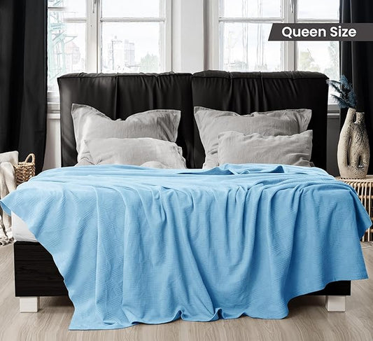 Utopia Bedding Sky Blue 100% Cotton Blanket [Queen Size - 90x90 Inch] 350GSM Lightweight, Soft and Breathable Thermal Blanket for All Seasons