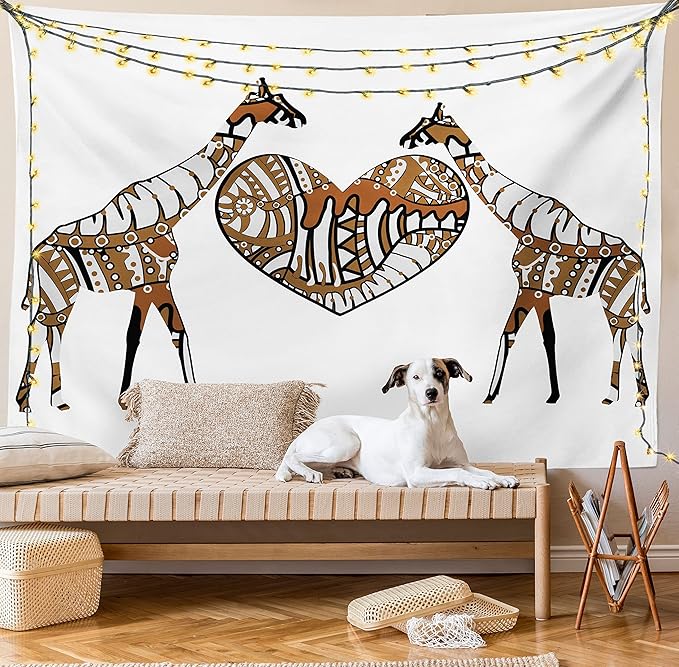 Ambesonne African Tapestry King Size, Soul Mate Giraffes Illustration with a Giant Heart Love in Nature Bohemian Print, Wall Hanging Bedspread Bed Cover Wall Decor, 104" X 88", Brown White