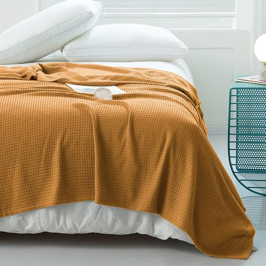 AmyHomie Cooling Blanket King Size, 100% Rayon Derived from Bamboo Waffle Blanket, Cool Summer Blanket for Hot Sleepers Soft Comfy Lightweight Blankets for All Seasons (Orange Yellow, 108×90in)