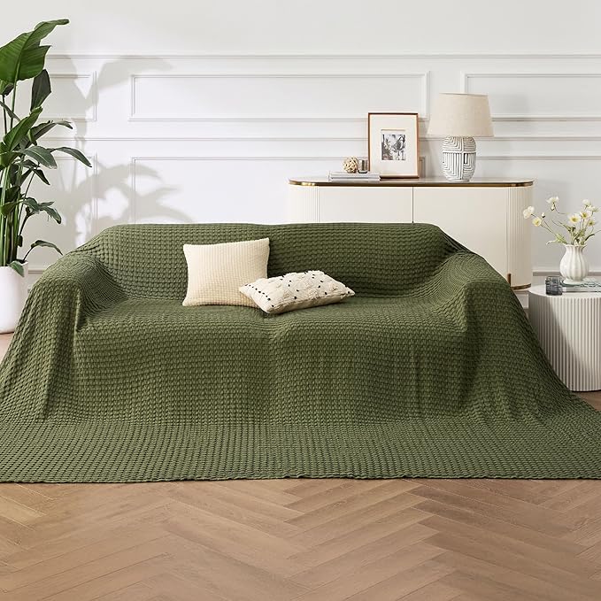 Bedsure Cooling Cotton Waffle Oversized King Blanket - Lightweight Breathable Rayon Derived from Bamboo for Hot Sleepers, Luxury Throws for Bed and Sofa, Green, 120x96 Inches