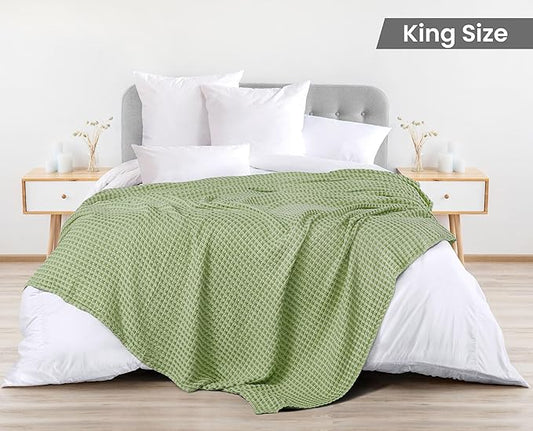 Utopia Bedding Sage Green 100% Cotton Waffle Blanket 300 GSM [King - 90x108 Inch] Soft Lightweight Breathable Bed Blanket for All Season