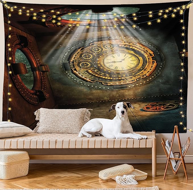 Ambesonne Fantasy Tapestry, Fantasy Scenery with Clock Dream Sky Rays from the Ceiling Fictional Art, Fabric Wall Hanging Decor for Bedroom Living Room Dorm, 30" X 45", Teal Brown